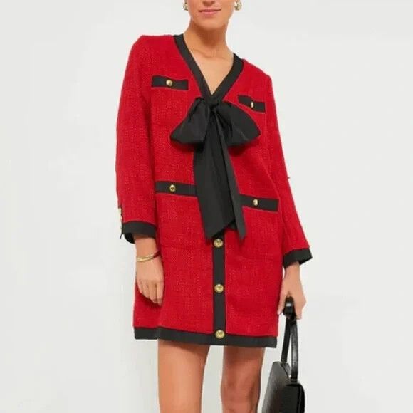 New Tuckernuck Pomander Place Coco Red Tweed Bow Dress X Large
